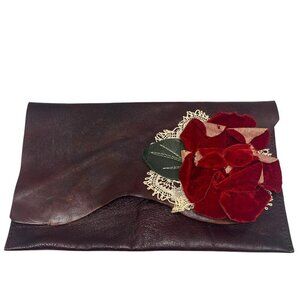 Artisan Bag by Urban Heirlooms Brown Leather Velvet Lace Red Rose Accent Clutch